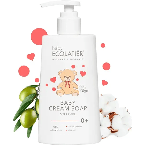 Gentle Baby Cream Soap for Soft and Caring Cleanse, 250ml - With Olive Oil & Cotton Extract, 98% Natural, Vegan kids body wash - Delicate Skin Nourishment - 8.5 Fl Oz