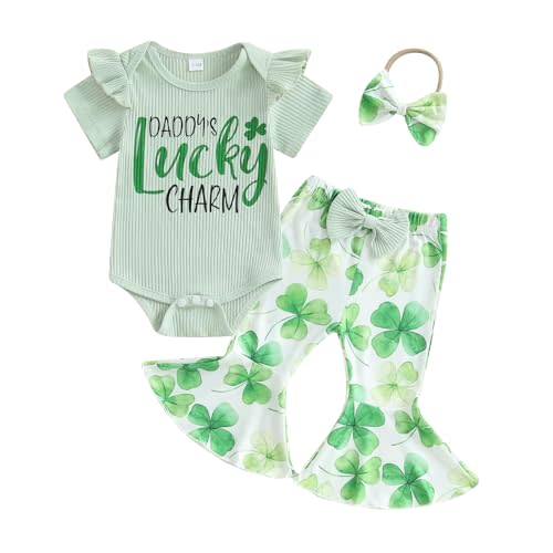 Karuedoo Newborn Baby Girl St Patricks Day Outfit Short Sleeve Daddy's Lucky Charm Romper Clover Flared Pants Headband Set
