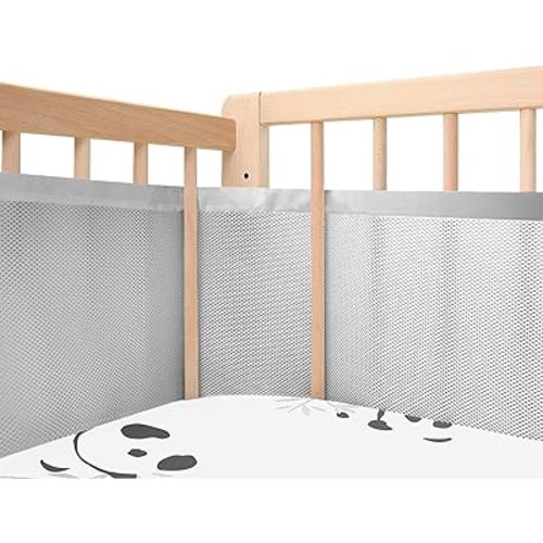 Upgraded Breathable Mesh Crib Liner, More Straps for Fixing Crib Mesh Line, Covers 4 or 3 Sides Baby Bed, 3mm Breathable Mesh Ensures Easy Breathing, Grey