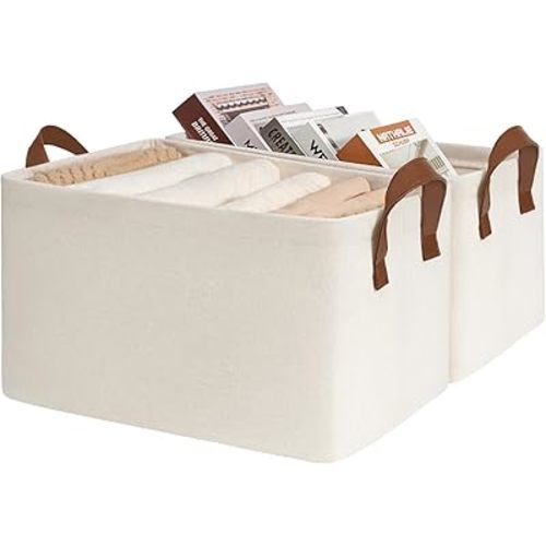 CHICVITA Storage Bins for Shelves, Closet Bins for Organization, Collapsible Storage Baskets for Towels, Rectangle Basket for Bedroom, 14 ¾" L x 10 ¼" W x 8 ¼" H, Beige, 2-Pack