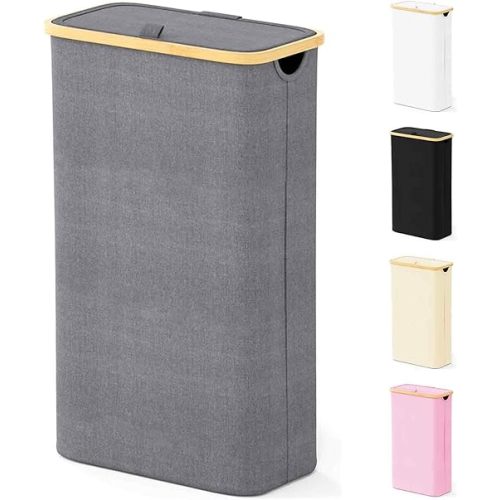 SpaceAid Slim Laundry Hamper with Lid, 65L Narrow Clothes Basket Bin with Bamboo Handles, Skinny Tall Collapsible Hamper for Bedroom, Bathroom, Dorm, Laundry Room - Grey