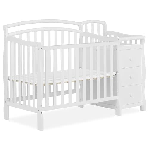 Dream On Me Casco 3-In-1 Mini Crib And Changing Table In White, Convertible Crib, Made Of Pinewood, Three Position Adjustable Mattress Height Settings