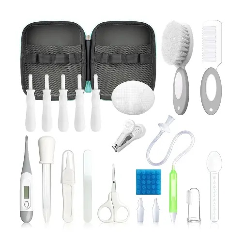 Baby Healthcare and Grooming Kit, 21 in 1 Portable Baby Essentials Kit with Gas Relief Hair Brush Comb Nasal Aspirator for Newborn Boys Girls (Grey White)