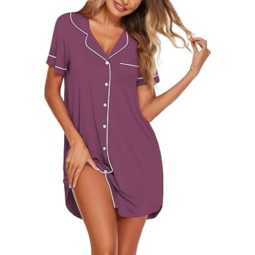 Ekouaer Nightgowns for Women Button Down Sleepshirt Short Sleeve Nightshirt Boyfriend Pajamas V Neck Nightdress S-XXXL