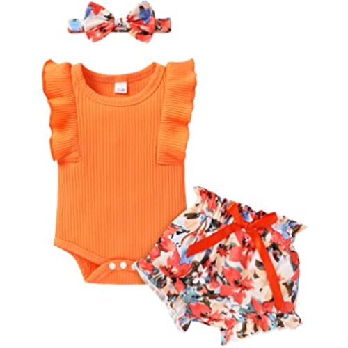 Tiny Cutey Baby Girl Clothes Infant Summer Outfits Set Ruffle Sleeve Romper and Floral Shorts with Headband