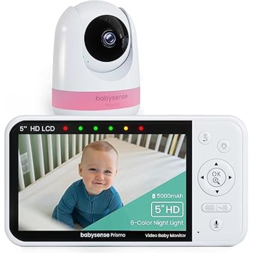 Babysense Prisma Baby Monitor with Camera and Audio, 5” HD Video Baby Monitor, 6-Color Night Light, Split Screen, Baby Sound Machine with White Noise & Lullabies, Secure No WiFi