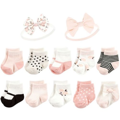 Hudson Baby Infant Girl Sock And Headband 12pc Set, Soft Pink Roses, 0-9 Months