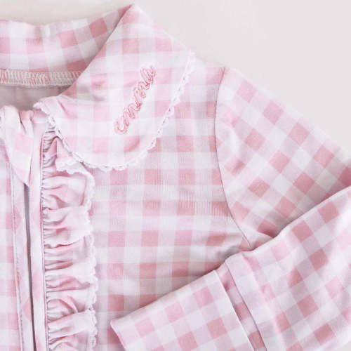 Peter Pan Collar Ruffle Zipper Footie | Rosy Gingham