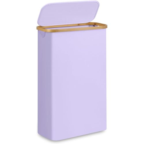 Slim Laundry Basket,60L Laundry Hamper with Lid, Tall Hamper for Laundry,Dirty Cloth Hamper with Bamboo Handle for Towels, Clothes Organizing,Purple