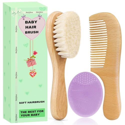 Baby Hair Brush and Comb Set for Newborns & Toddlers | Wooden Baby Brush Set with Soft Goat Bristles l Wood Comb l Purple Cradle Cap Brush| Ideal for Cradle Cap (3 Piece)
