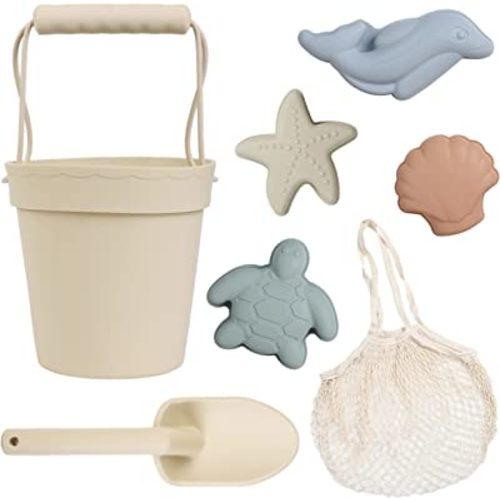 BLUE GINKGO Silicone Beach Toys - Modern Baby Beach Toys | Travel Friendly Beach Set | Silicone Bucket, Shovel, 4 Sand Molds, Beach Bag | Silicone Sand Toys for Toddlers, Kids - 7pc (Beige)