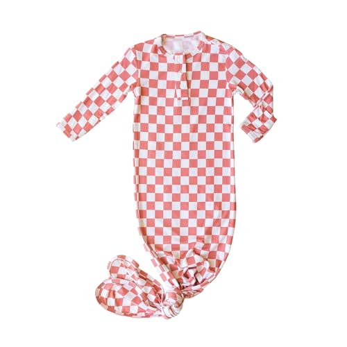 Upton Ave Checkered Knotted Gown Baby Newborn, Viscose derived from Bamboo, Infant Sleeper with Mittens, Baby Girl, Baby Boy