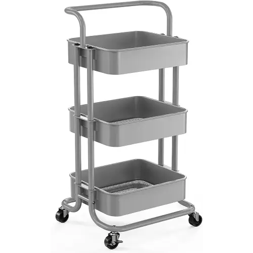 Pipishell 3 Tier Mesh Utility Cart, Rolling Metal Organization Cart with Handle and Lockable Wheels, Multifunctional Storage Shelves for Kitchen Living Room Office Grey