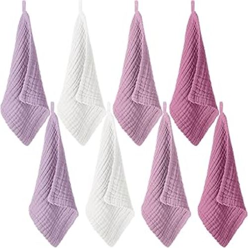 8 Pcs Baby Washcloths for Newborn 12 x 12 Inch Muslin Face Towels Cotton Absorbent for Delicate Skin Soft Muslin Cloth Reusable Baby Registry as Shower Gift, 4 Colors(Purple Color)