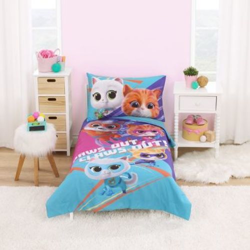 NoJo Disney Super Kitties 4pc Toddler Bed Set - Comforter, Fitted Bottom Sheet, Flat Top Sheet, and Reversible Pillowcase