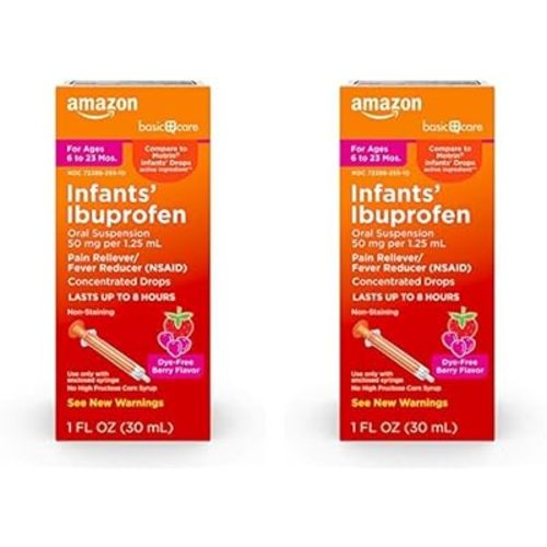 Amazon Basic Care Infants’ Ibuprofen Oral Suspension, 50 mg/1.25 mL, Berry Flavor Concentrated Drops, Dye-Free, 1 fl oz (Pack of 2)