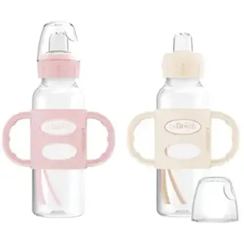 Dr. Brown's Milestones Narrow Sippy Spout Bottle with 100% Silicone, Easy-Grip Handles and Soft Sippy Spout, 8oz/250mL, Light Pink and Ecru, 2-Pack, 6m+