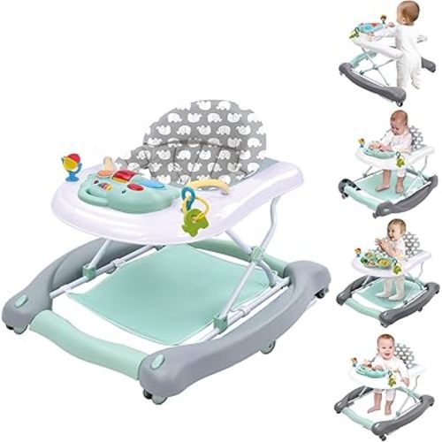 5 in 1 Foldable Baby Walker, Activity Baby Walker-Baby Bouncer, Rocker, Activity Center,Seat and Push Walker,Detachable Trampoline Mat, Adjustable Speed Rear Wheels and Height,Ages 6-18 Months(Blue)