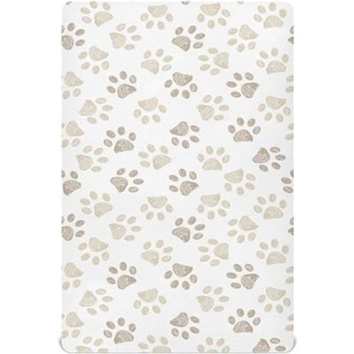 Dog Puppy Footprints Fitted Crib Sheets Stretchy Portable Playard Sheets for Baby Toddler, Breathable Soft Mini Crib Mattress 52 x 28 in for Boys and Girls