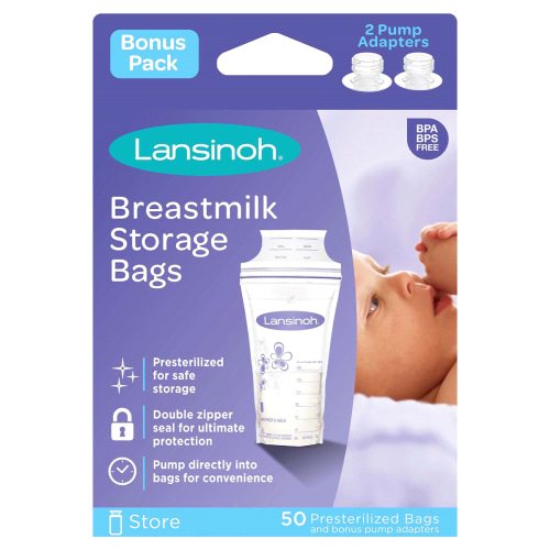 Lansinoh Breastmilk Storage Bags, with Free Pump adapters, 50 ct