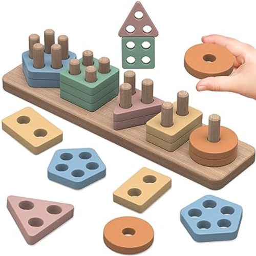 Montessori Toys for Toddlers- Wooden Sorting Stacking Blocks for 1 2 3 4 Years Old Baby Boys Girls Learning Shape Color Preschool Educational Activity Game Christmas Birthday Easter Gift