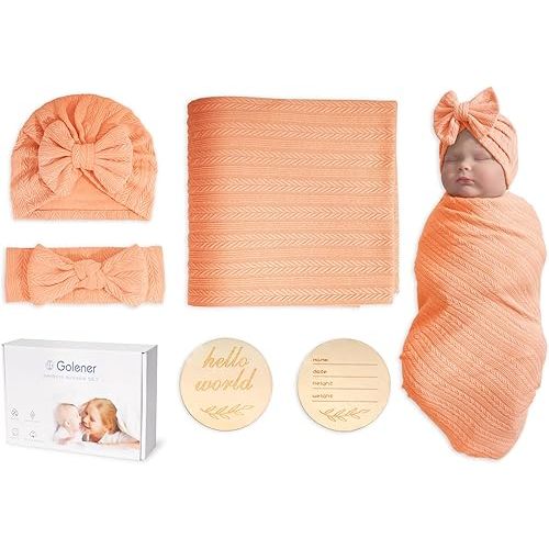 Golener Muslin Swaddle Blankets - Sleepea Swaddle with Bow Headbands, Hats Set and Newborn Name Announcement Card, Stretchy Baby Blankets for Girls&Boys Unisex, Perfect for Newborn Photos (Peach)