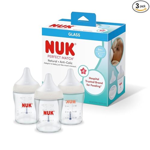 NUK Perfect Match Glass Natural + Anti-Colic Bottle, 4 oz. Glass Baby Bottles with SafeTemp Temperature Indicator, Newborn Essentials, 3-Pack