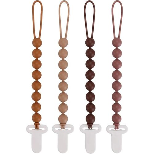 4-Pack Silicone Pacifier Clips with One-Piece Beads for Baby Boys and Girls - Flexible and Rust-Free Holders for Teething Relief and Baby Essentials, Safe for Newborns (Brown)