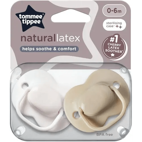 Tommee Tippee Cherry Latex Dummy, 0-6 Months Pacifier, White and Beige, Pack of 2 soothers with 100% Natural Latex baglet