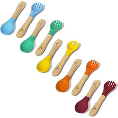 Avanchy 5 Baby Forks and 5 Spoons Set, Bamboo and Silicone Spork Utensils, Toddler Baby Led Weaning Silverware Cutlery Flatware, Kids First Self Feeding, 10 Pack