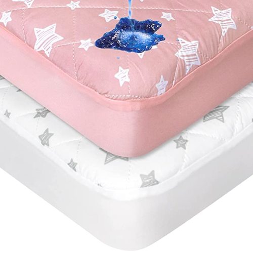Baby Crib Mattress Protector Waterproof, 2 Pack Quilted Crib Mattress Pad Cover 28''x 52'', Extra Soft Breathable Toddler Mattress Pad Cover - White&Pink Star - White and Pink Star