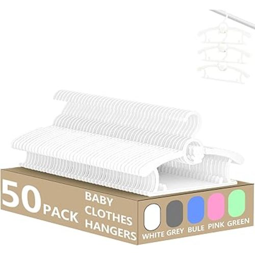 HGYZE Baby Hangers for Closet 50pcs, White Kids Clothes Hanger Plastic, 11-14" Adjustable Bulk Perchas for Newborn, Non-Slip Children Outfit Bear Hanger for Girl Boy Toddler Infant Nursery Clothing