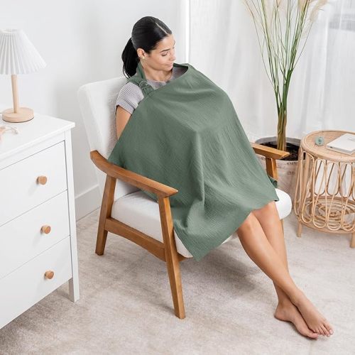Comfy Cubs Muslin Nursing Cover Pack of 2, 100% Cotton Muslin Breastfeeding Cover for Moms, Soft & Breathable Baby Nursing Scarf, Adjustable Neck Strap - Privacy Coverage - Fern and Pacific Blue