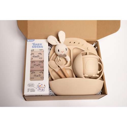 Baby Feeding Gift Set – Silicone Weaning Set, Bunny Rattle, Anti-Slip Socks
