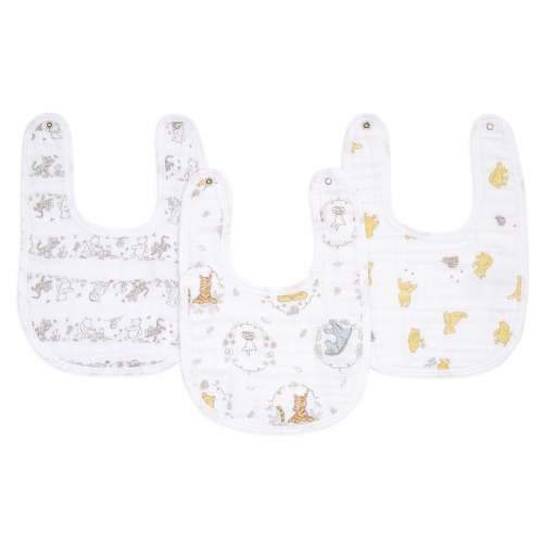aden + anais Essentials Disney Winnie and Friends Girl's Adjustable Cotton Snap Bibs, Gray, 3 Piece