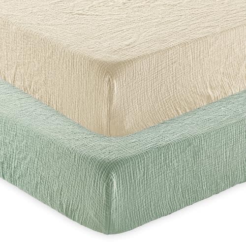 david's kids Muslin Crib Sheets for Boys Girls, 2 Pack 100% Cotton Soft Breathable Fitted Baby Sheet Set, 28x52 Inch Fits Standard Crib and Toddler Mattresses, Oat Milk & Sage Green