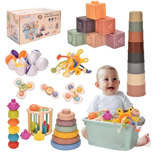 Montessoriii Toys for 1 Year Old,Baby Toys 6-12 Months,Stacking Building Blocks & Soft Infant Teething & Matching Eggs for Toddlers 6-9-12 Months,Baby Boys&Girls Gifts(7 in 1)