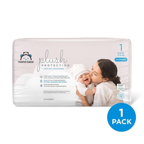 Amazon Brand - Mama Bear Plush Protection Diapers - Size 1, 54 Count, Hypoallergenic Premium Disposable Baby Diapers