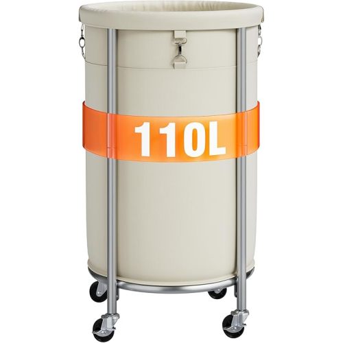 ELYKEN Laundry Hamper with Wheels, 110L Rolling Laundry Basket, Round Laundry Cart with Steel Frame and Removable Bag, 4 Casters and 2 Brakes, Dirty Clothes Hamper for Hotel, Home, Closet, Dorm, Cream