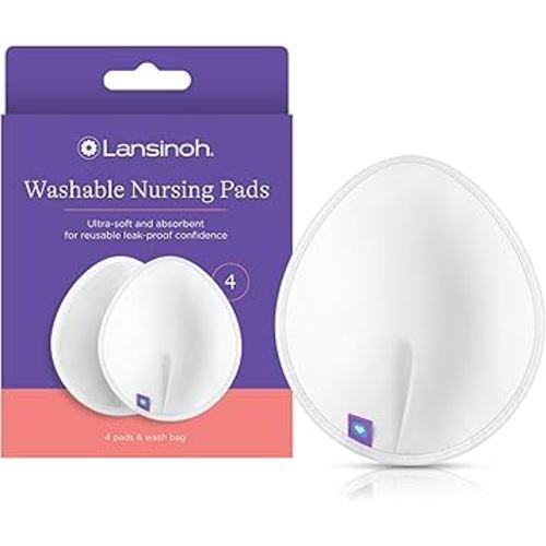Lansinoh Reusable Nursing Pads, Nursing Essentials for Breastfeeding Mothers, 4 Absorbent Nursing Pads With Mesh Wash Bag, White Pads