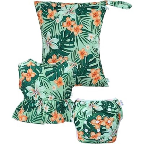 babygoal Baby Swimsuits with Swim Diaper 3-Piece, Girl Tankini Bathing Suit with Waterproof Wet Bag for Swimming Lesson