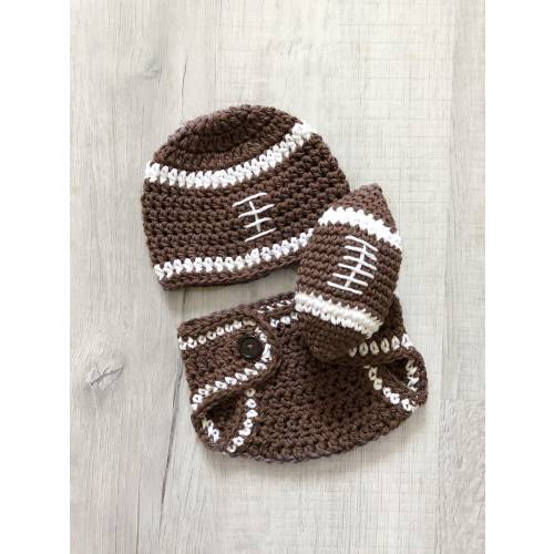 Football hat and diaper cover, newborn photo prop, sports nursery or baby shower, crochet baby hat, stuffed football