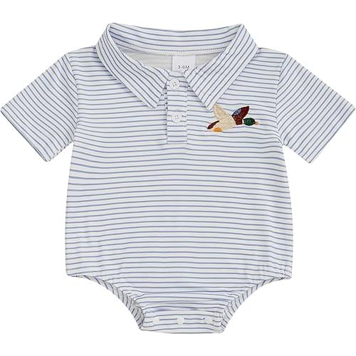 Newborn Baby Boy Embroidery Polo Romper Striped Print Short Sleeve Button Up Bodysuit Infant Summer Clothes