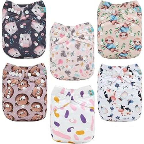 ALVABABY Baby Cloth Diaper 6 Pack with 12 Inserts One Size Cloth Diaper Covers Adjustable Washable Reusable for Baby Girls and Boys