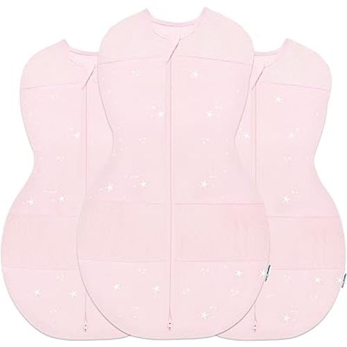 Happiest Baby Sleepea 5-Second Swaddle - 100% Organic Cotton Baby Swaddle Blanket - Doctor Designed Promotes Healthy Hip Development - 3-Pack Bundle (Rose Stars, S, M, L)