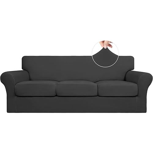 Easy-Going 4 Pieces Stretch Soft Couch Cover for Dogs - Washable Sofa Slipcover for 3 Separate Cushion Couch - Elastic Furniture Protector for Pets, Kids (Sofa, Dark Gray, Large)