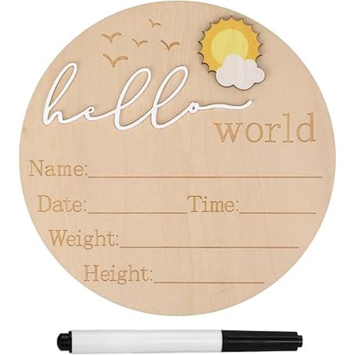 Baby Announcement Sign, Wooden Hello World Newborn Sign Cute Birth Announcement Board Welcome Baby Name Plaque for Nursery Hospital Girl Boy Baby Shower Photo Props