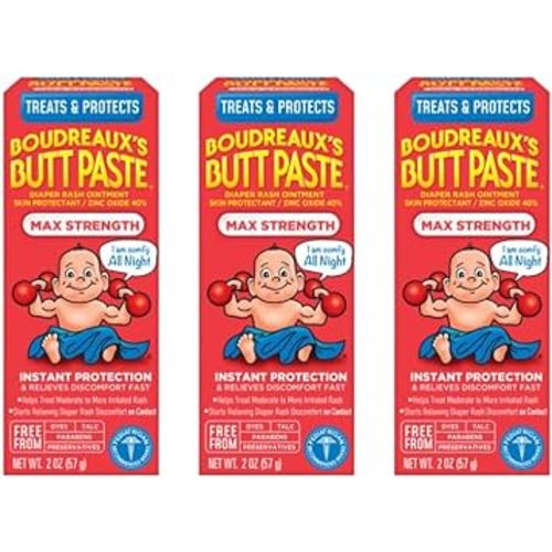 Boudreaux's Butt Paste Maximum Strength Diaper Rash Cream, Ointment for Baby, 2 oz Tube, 3 Pack