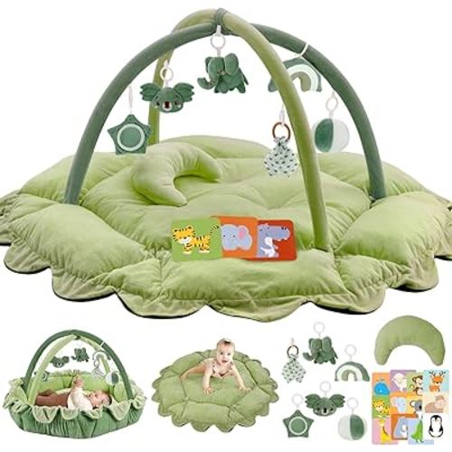 5-in-1 Plush Baby Play Gym, Baby Play Mats, Convertible Baby Gym with Pillow, Tummy time mat, 6 Sensory Toys, Baby Activity Center from Newborn to Toddler, Pet Bed, Cat & Dog Bed, Ball Pit, Green