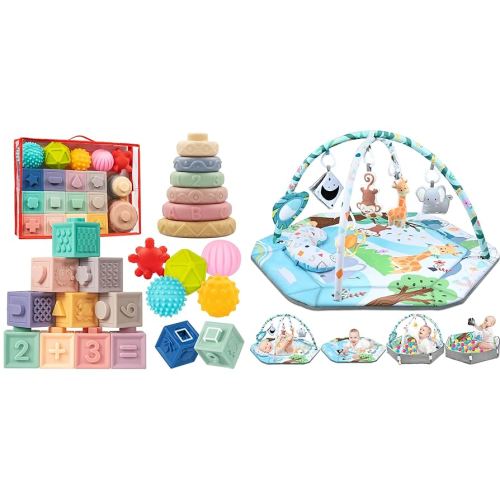 Jyusmile Baby Gym Play Mat, 8-in-1 Tummy Time Mat & Ball Pit, Montessori Toys for Babies Incl Stacking Building Blocks & Soft Infant Toys & Sensory Balls